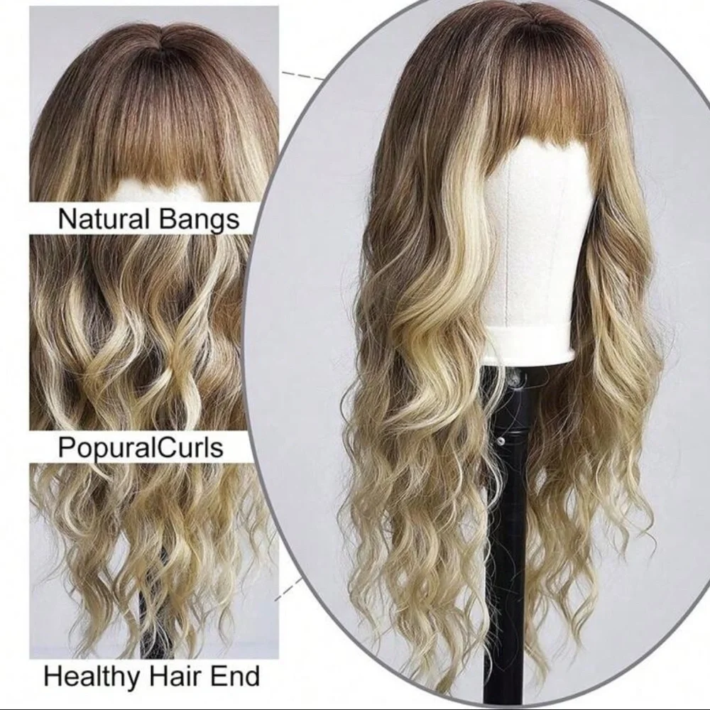 24 Inch Ombre Brown Rooted & Blonde highlights Wavy Hair with bangs  Lon… - Picture 3 of 11